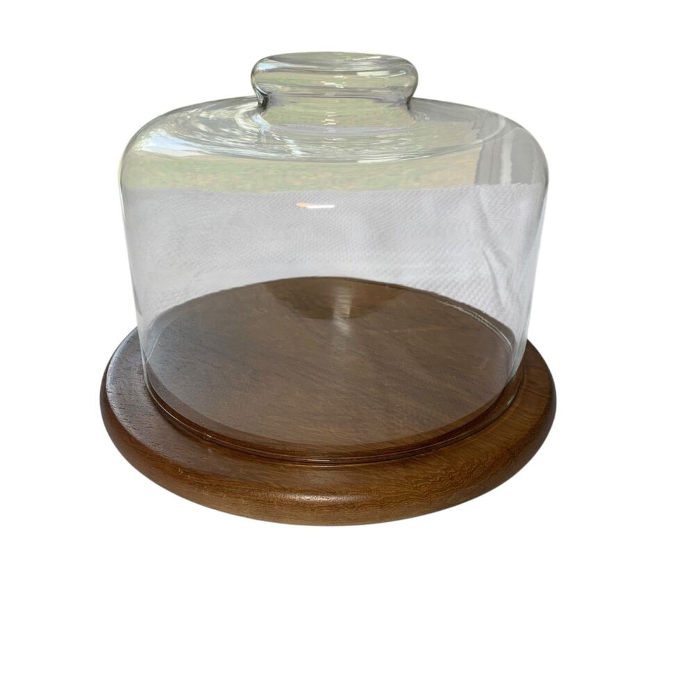 Vintage Dolphin Teakwood Cheese Board Glass Cloche Dome Thailand MCM 1970s
